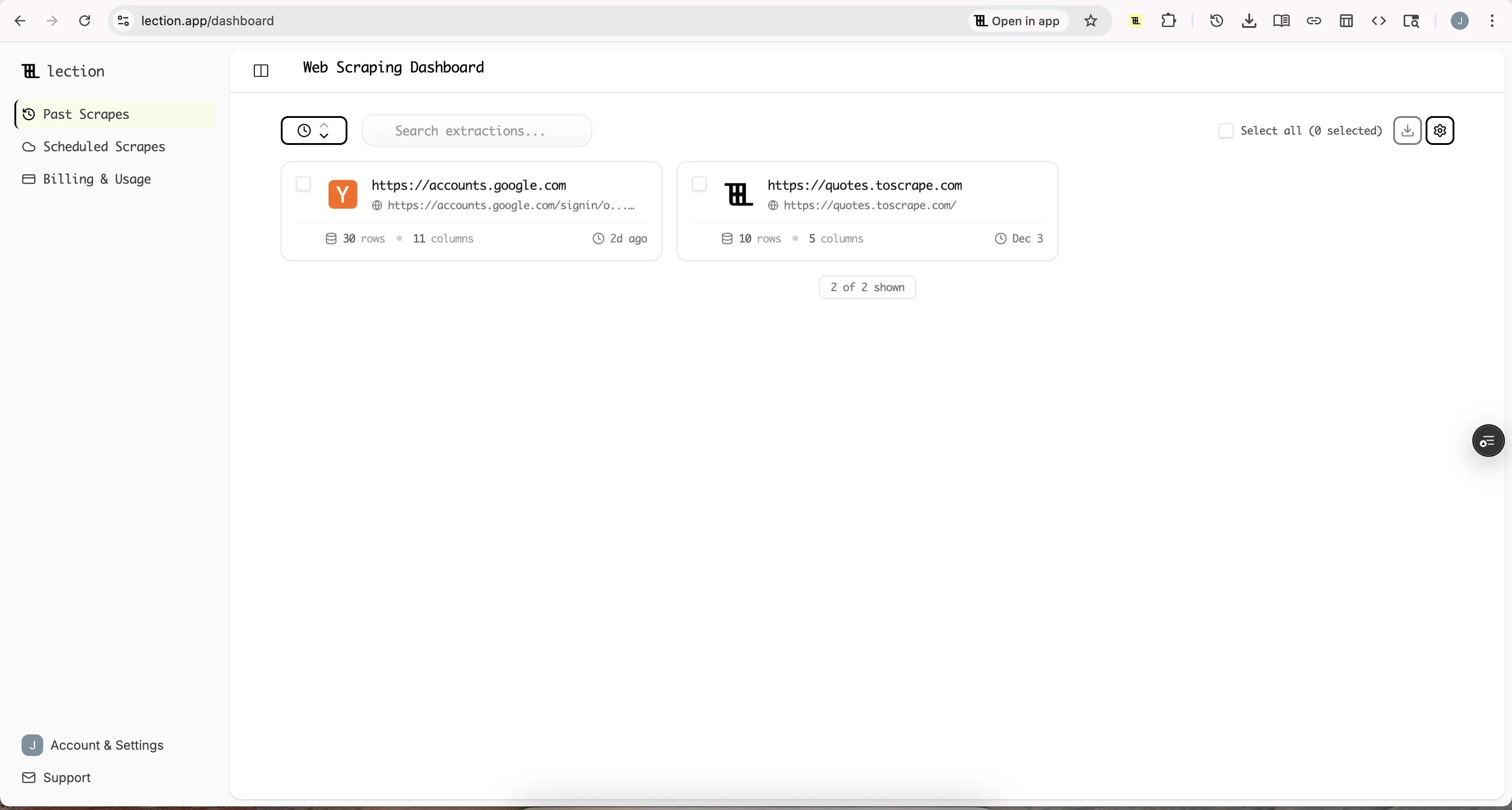 Lection dashboard showing data extraction projects