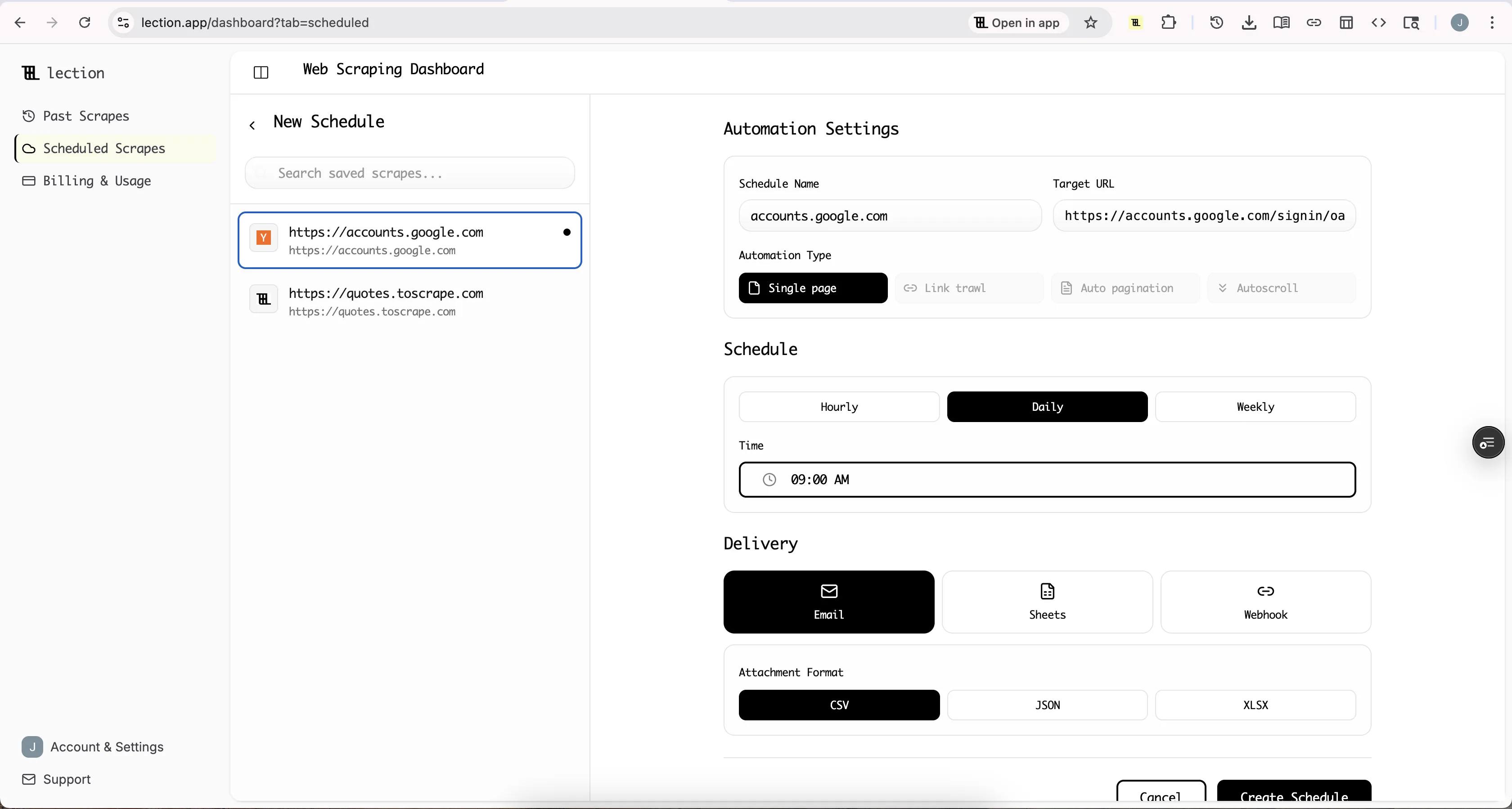 Schedule automated cloud scrapes